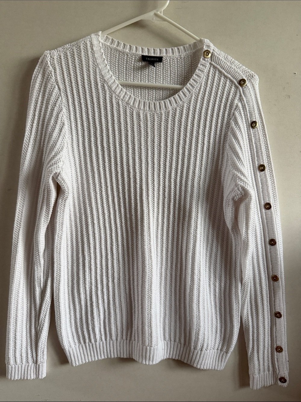 Talbots White Ribbed Crewneck Sweater with Gold Button Shoulder Detail